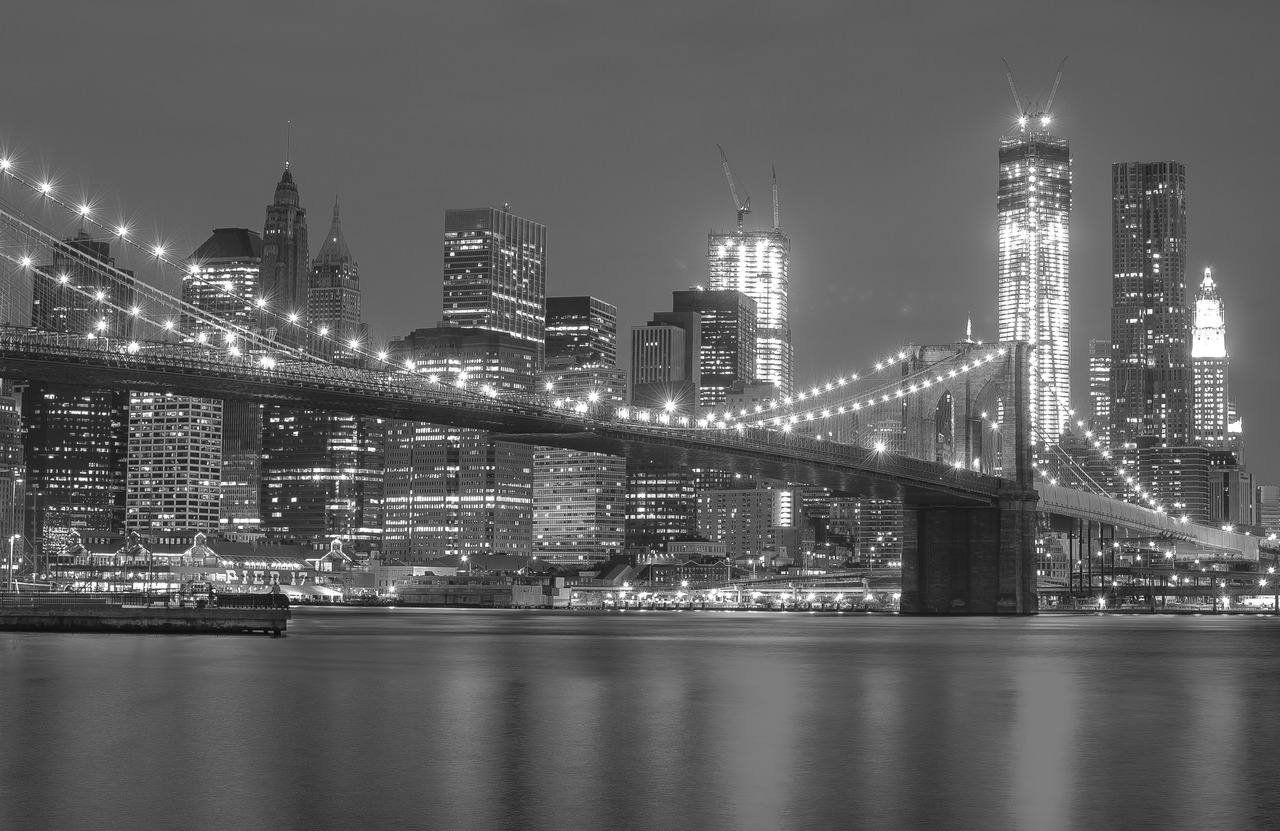 US city in black and white in the night