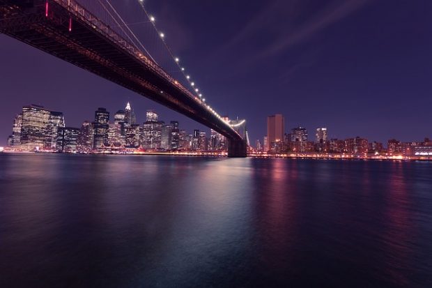 New York bridge in the night with purple sky