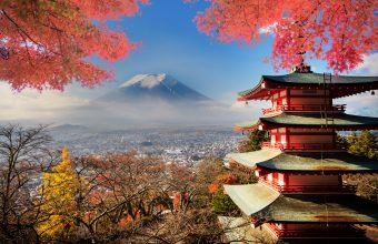 Japanese temple with red leaves and mount Fuji in the background