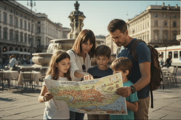 traveler family looking into physical map instead of Apple maps