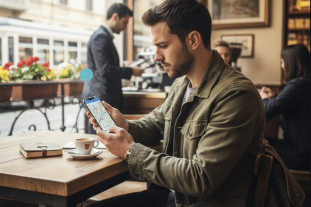male traveler downloading offline maps from Apple maps