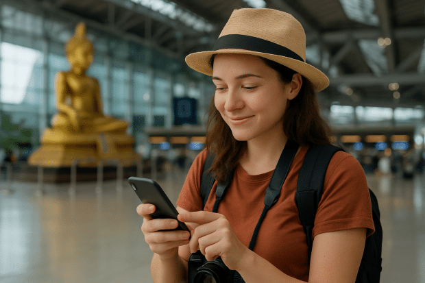 female traveller checking esim options on her phone