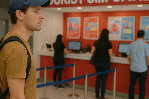 male traveller waiting to buy physical card at the airport