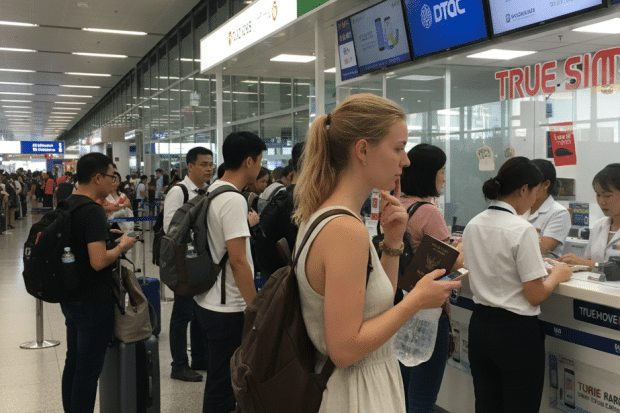 tourist is waiting on the queue for buying sim card in Bangkok