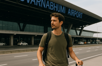 tourist waiting in front of Suvarnabhumi airport